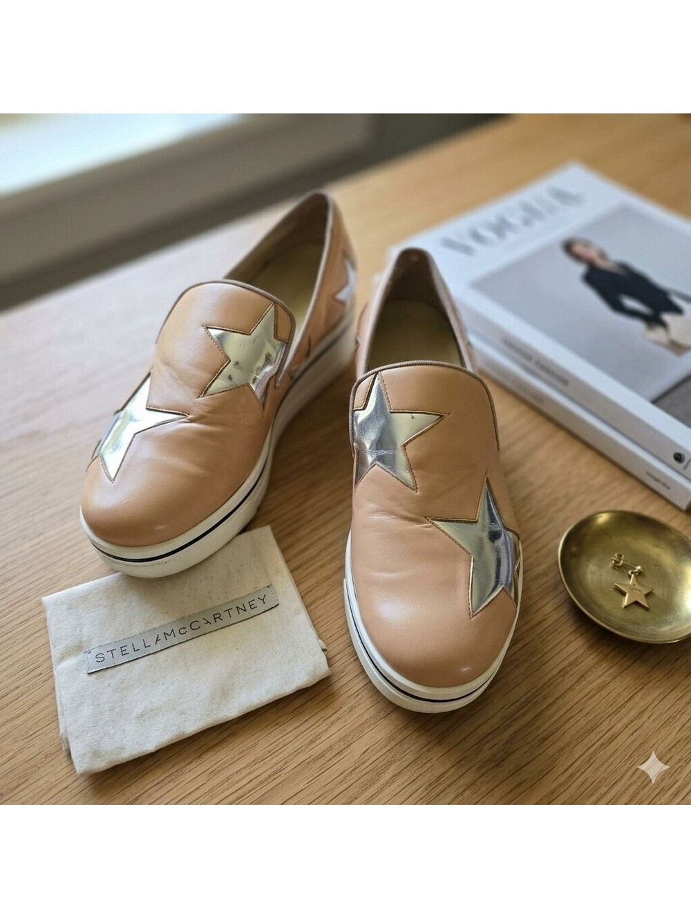 Stella McCartney Elyse Star Platform Wedges Tan Faux Leather Metallic Shoes